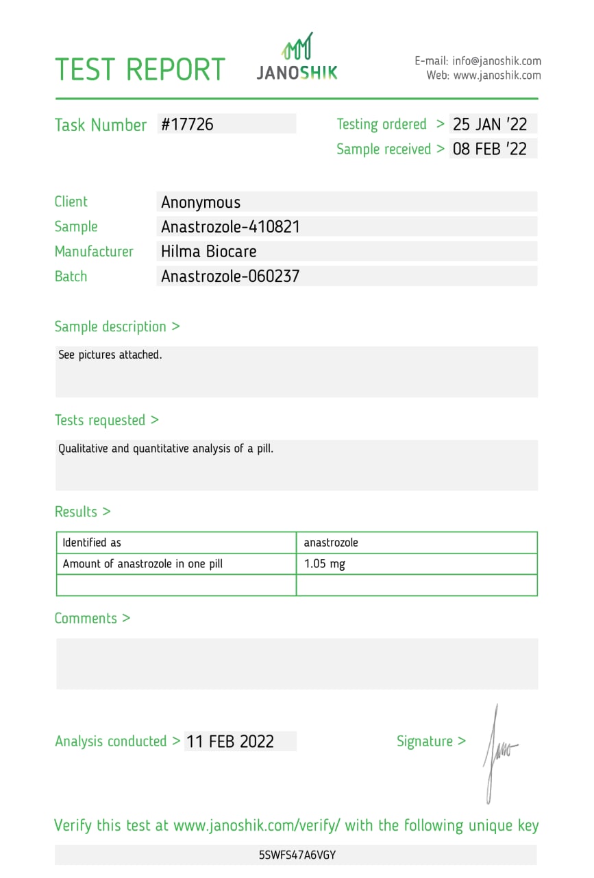 HILMA BIOCARE - ANASTROZOLE (ARIMIDEX) 1mg/tab 50tabs 3